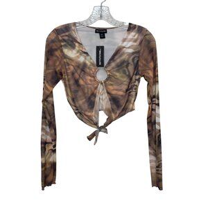 PrettyLittleThing Long Sleeve Cropped Shirt Womens Brown Size 2 Tie Abstract